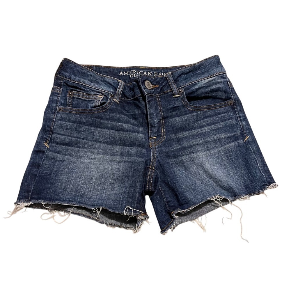 Y2K American Eagle 4 Mid Rise Blue Denim Jean Distressed Shorts Stretch‎ Booty